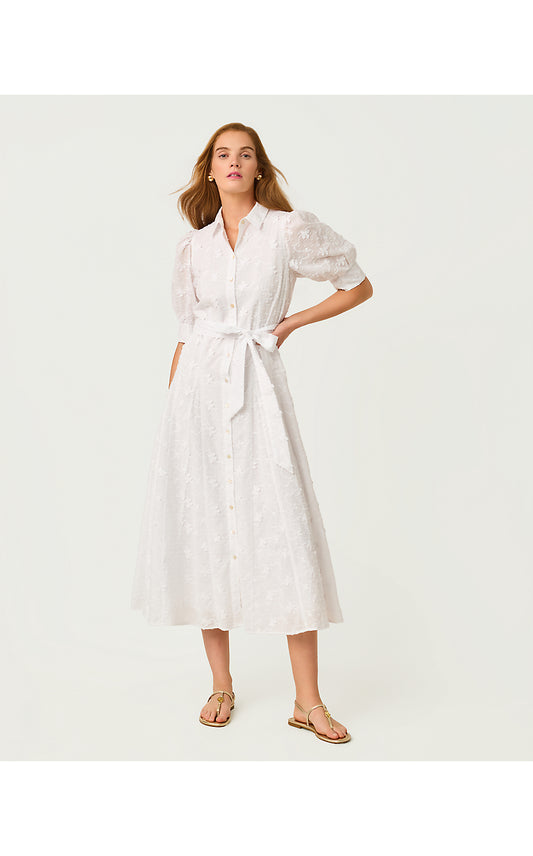LARKYN MIDI SHIRTDRESS, RESORT WHITE MONARCH EMBROIDERED COTTON SWISS DOT