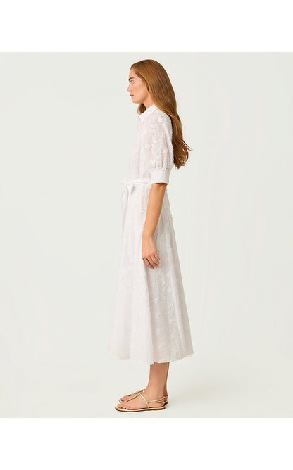 LARKYN MIDI SHIRTDRESS, RESORT WHITE MONARCH EMBROIDERED COTTON SWISS DOT