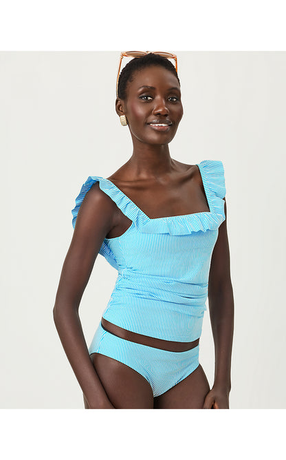 AEMMA RUFFLE TANKINI TOP, CAPRI BLUE SEERSUCKER STRIPE