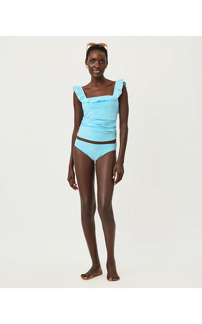 AEMMA RUFFLE TANKINI TOP, CAPRI BLUE SEERSUCKER STRIPE