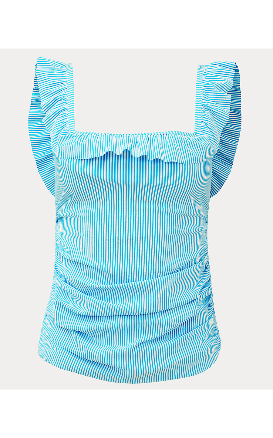 AEMMA RUFFLE TANKINI TOP, CAPRI BLUE SEERSUCKER STRIPE