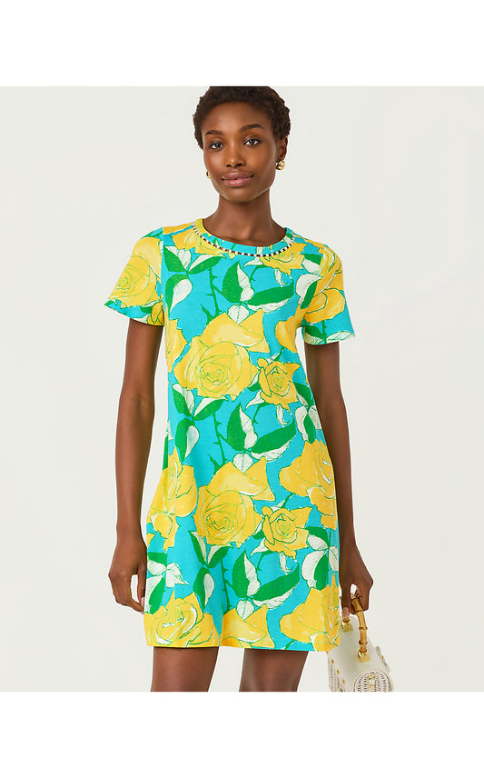 CODY SHORT SLEEVE DRESS, BLUE CURACAO ROSE BUD