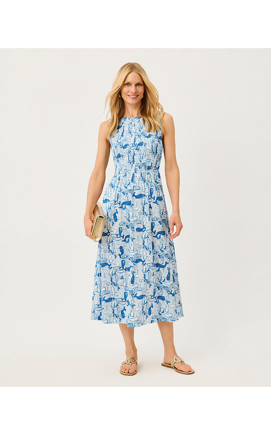 FINNLEY MIDI DRESS, NASSAU BLUE THAR SHE BLOWS