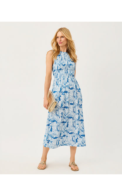 FINNLEY MIDI DRESS, NASSAU BLUE THAR SHE BLOWS