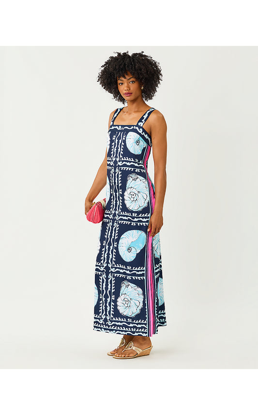CASANDRA MAXI DRESS, LOW TIDE NAVY SHELL SHINE ENGINEERED WOVEN MAXI