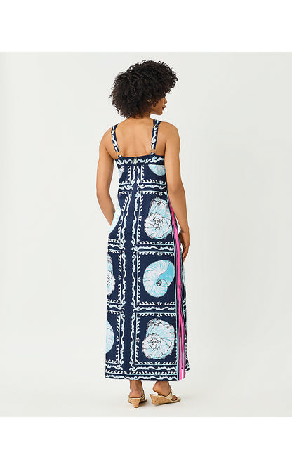 CASANDRA MAXI DRESS, LOW TIDE NAVY SHELL SHINE ENGINEERED WOVEN MAXI
