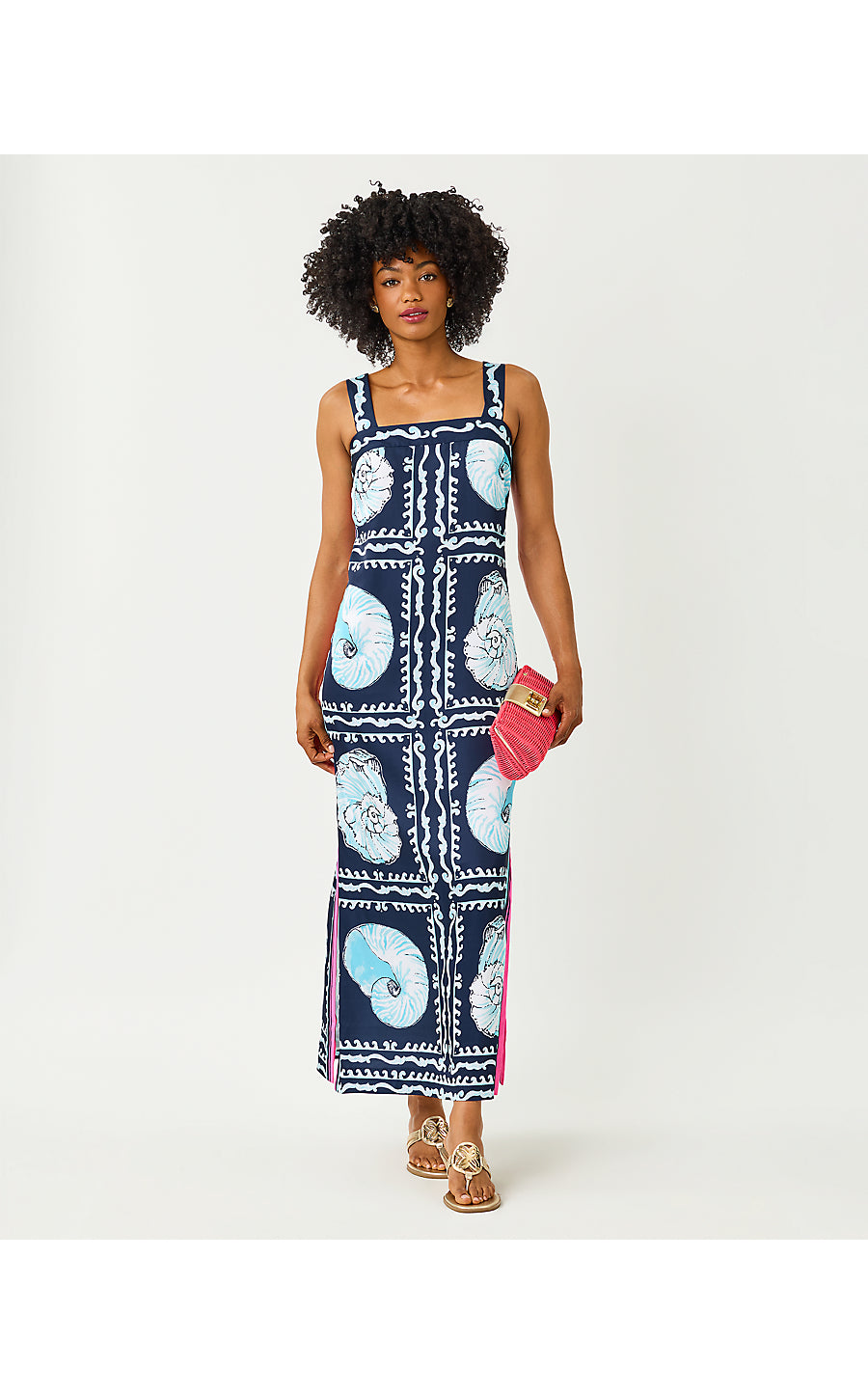 CASANDRA MAXI DRESS, LOW TIDE NAVY SHELL SHINE ENGINEERED WOVEN MAXI