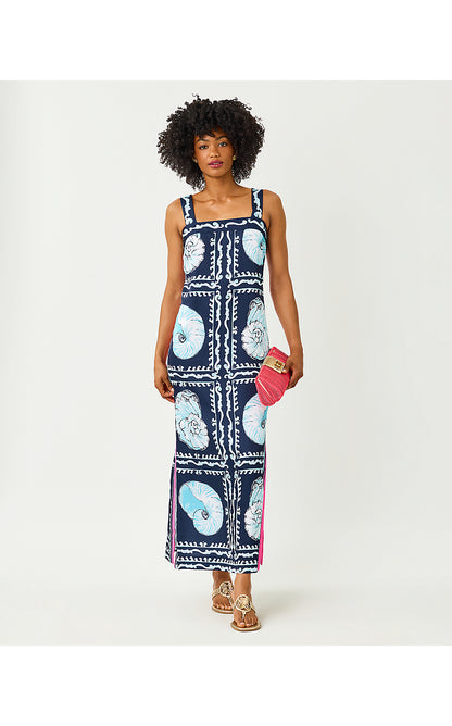 CASANDRA MAXI DRESS, LOW TIDE NAVY SHELL SHINE ENGINEERED WOVEN MAXI