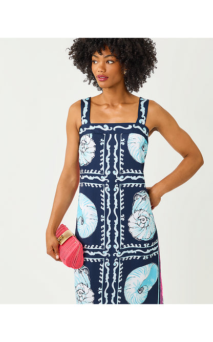 CASANDRA MAXI DRESS, LOW TIDE NAVY SHELL SHINE ENGINEERED WOVEN MAXI