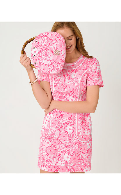 ADETTA SHORT SLEEVE STRETCH SHIFT, CONCH SHELL PINK BURST OF JOY