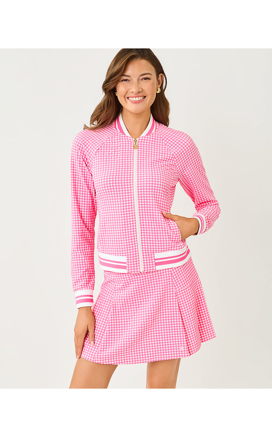 JAYDEA JACKET UPF 50+, CHERRY BLOSSOM PINK MINI PERFORMANCE GINGHAM