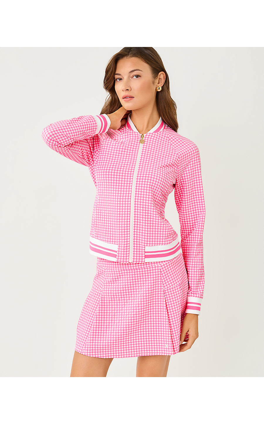 HUXLEY SKORT UPF 50+, CHERRY BLOSSOM PINK MINI PERFORMANCE GINGHAM