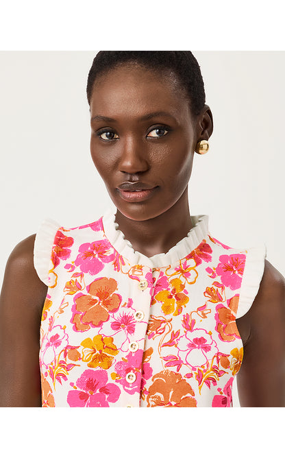 EVANGELINE SLEEVELESS DRESS, RESORT WHITE PANSY FANSY