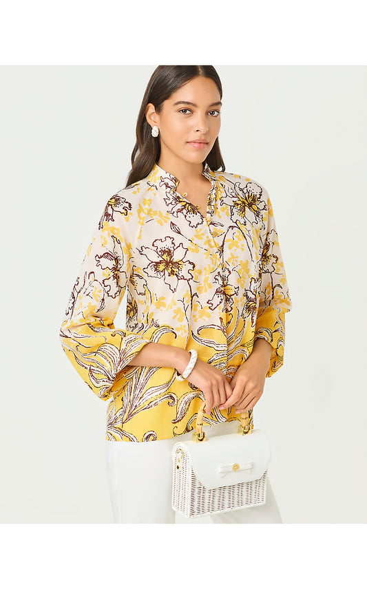 RENISHA LONG SLEEVE TOP, ESTELLE YELLOW BUMBLEY BUZZ ENGINEERED WOVEN TOP