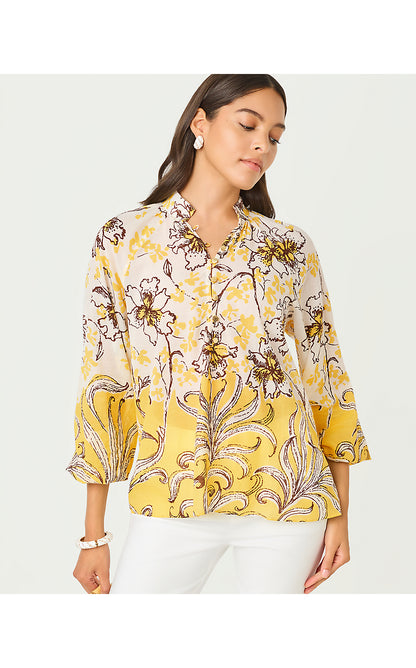 RENISHA LONG SLEEVE TOP, ESTELLE YELLOW BUMBLEY BUZZ ENGINEERED WOVEN TOP
