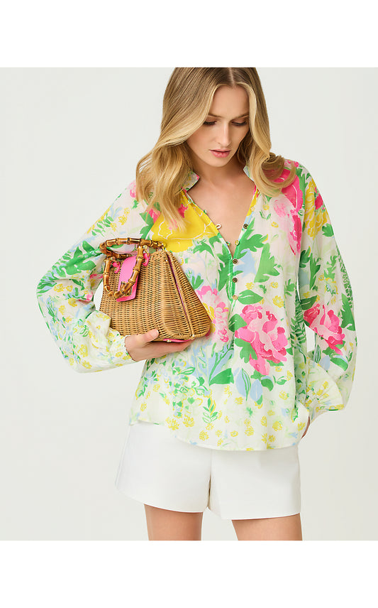 RENISHA LONG SLEEVE TOP, MULTI POPPY PARTY ENGINEERED WOVEN TOP