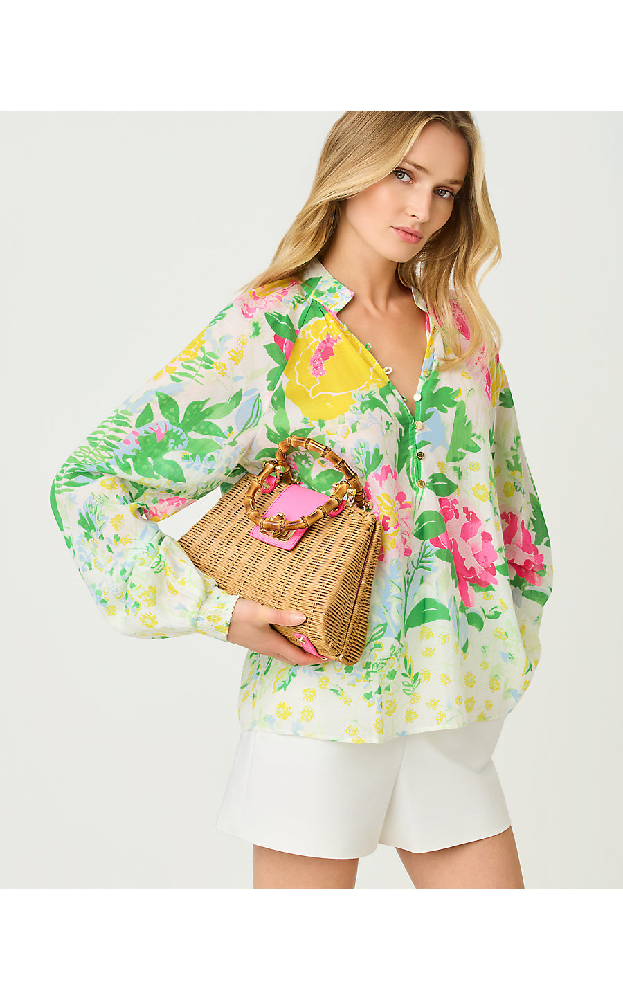 RENISHA LONG SLEEVE TOP, MULTI POPPY PARTY ENGINEERED WOVEN TOP