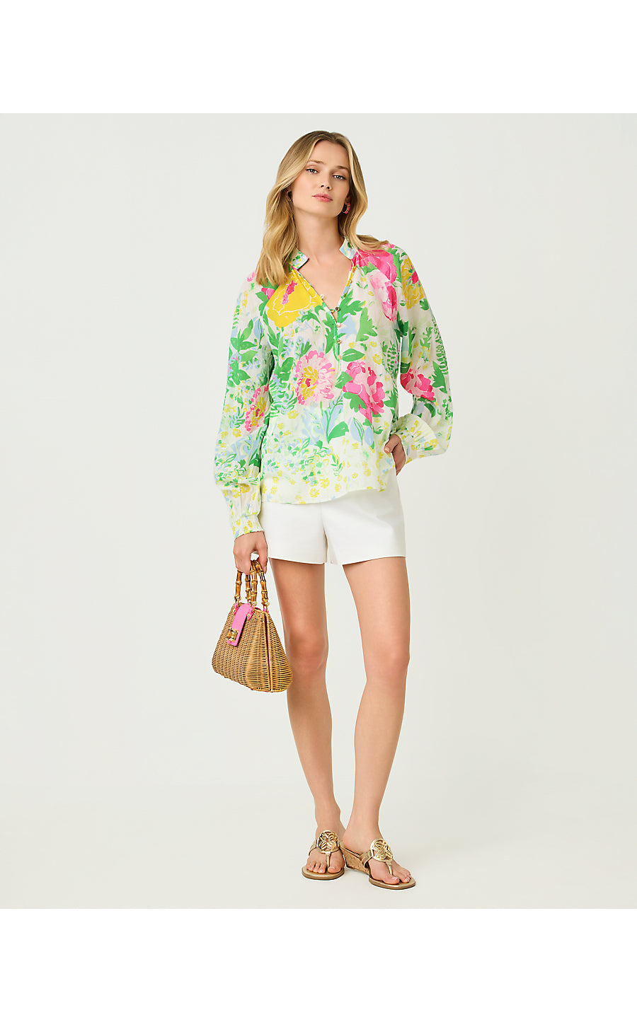 RENISHA LONG SLEEVE TOP, MULTI POPPY PARTY ENGINEERED WOVEN TOP