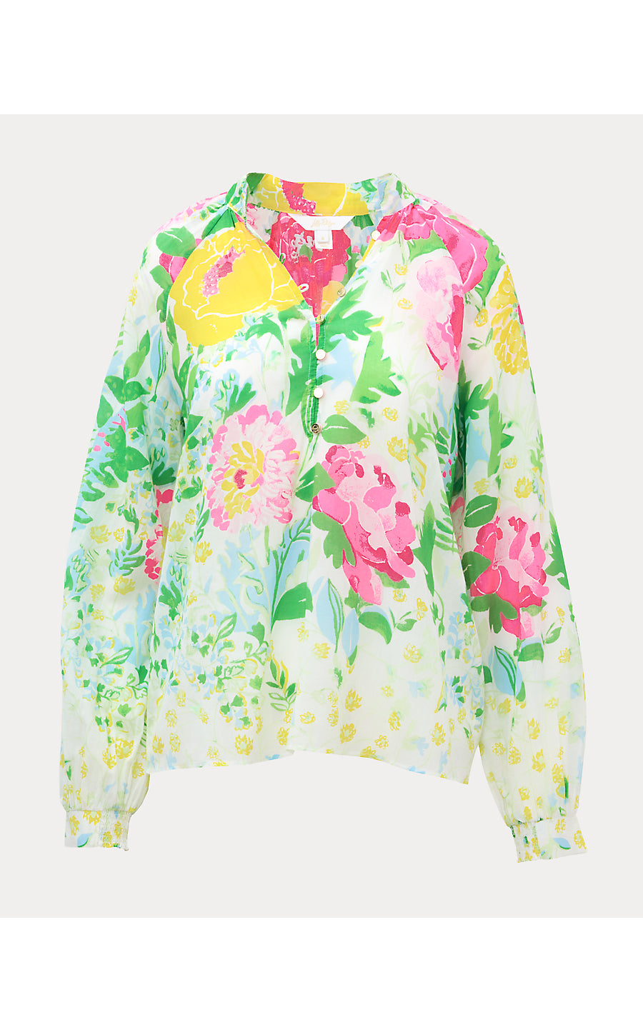 RENISHA LONG SLEEVE TOP, MULTI POPPY PARTY ENGINEERED WOVEN TOP