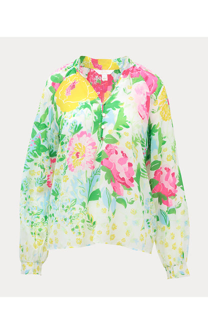 RENISHA LONG SLEEVE TOP, MULTI POPPY PARTY ENGINEERED WOVEN TOP
