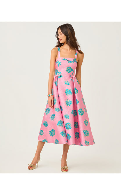 RISSY MIDI DRESS, CONCH SHELL PINK JUNGLE FLOWER BROCADE
