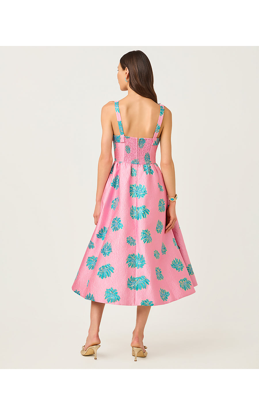 RISSY MIDI DRESS, CONCH SHELL PINK JUNGLE FLOWER BROCADE