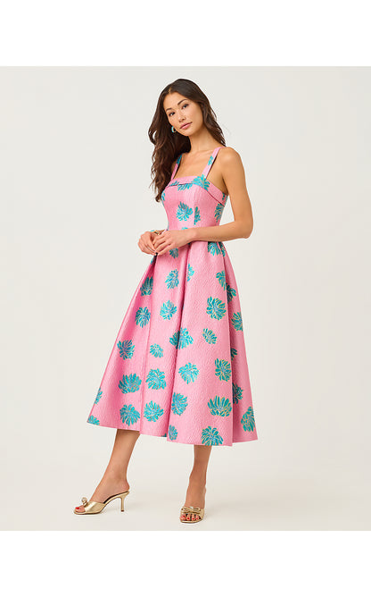 RISSY MIDI DRESS, CONCH SHELL PINK JUNGLE FLOWER BROCADE