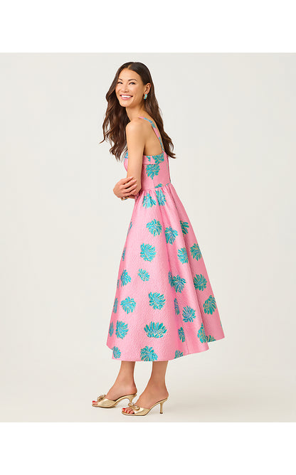 RISSY MIDI DRESS, CONCH SHELL PINK JUNGLE FLOWER BROCADE