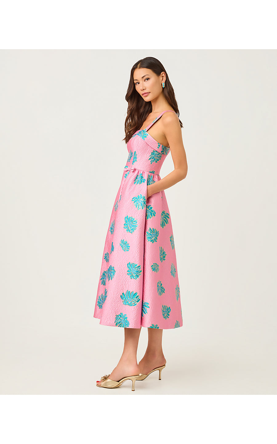 RISSY MIDI DRESS, CONCH SHELL PINK JUNGLE FLOWER BROCADE
