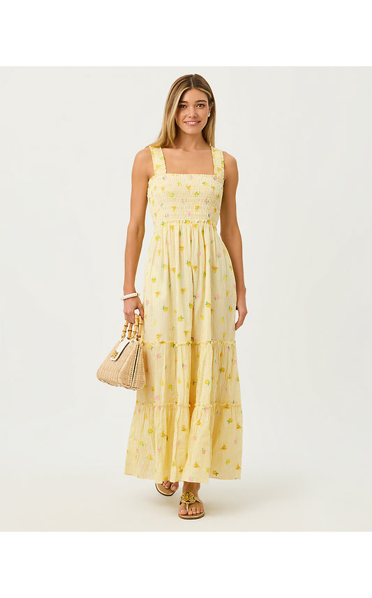 HADLY SMOCKED MAXI DRESS, ESTELLE YELLOW LTWT OXFORD STRIPE WITH LEMON BEE EMBROIDERY
