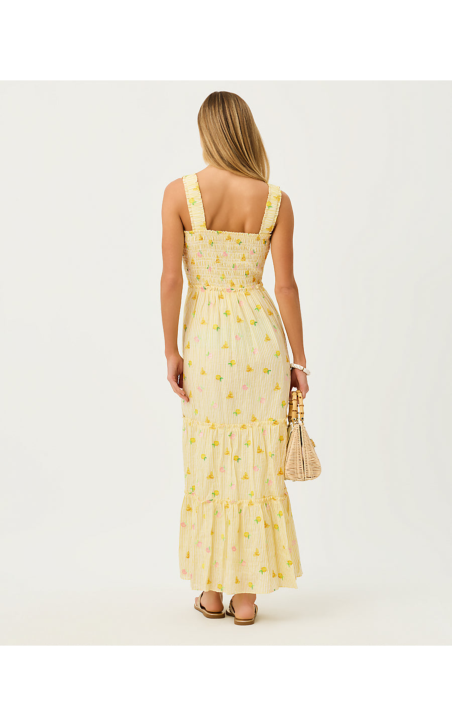 HADLY SMOCKED MAXI DRESS, ESTELLE YELLOW LTWT OXFORD STRIPE WITH LEMON BEE EMBROIDERY