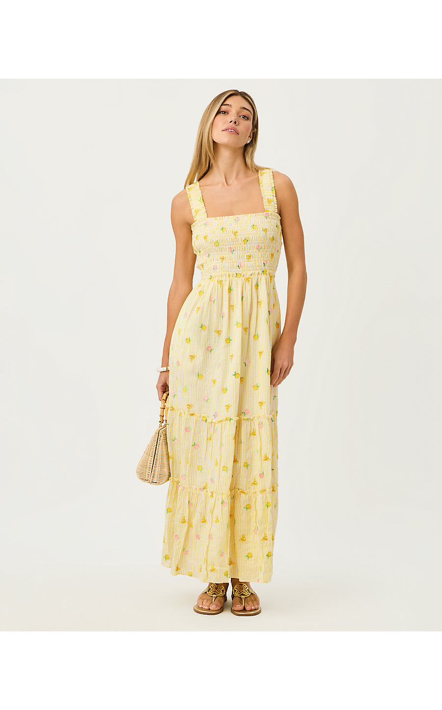 HADLY SMOCKED MAXI DRESS, ESTELLE YELLOW LTWT OXFORD STRIPE WITH LEMON BEE EMBROIDERY