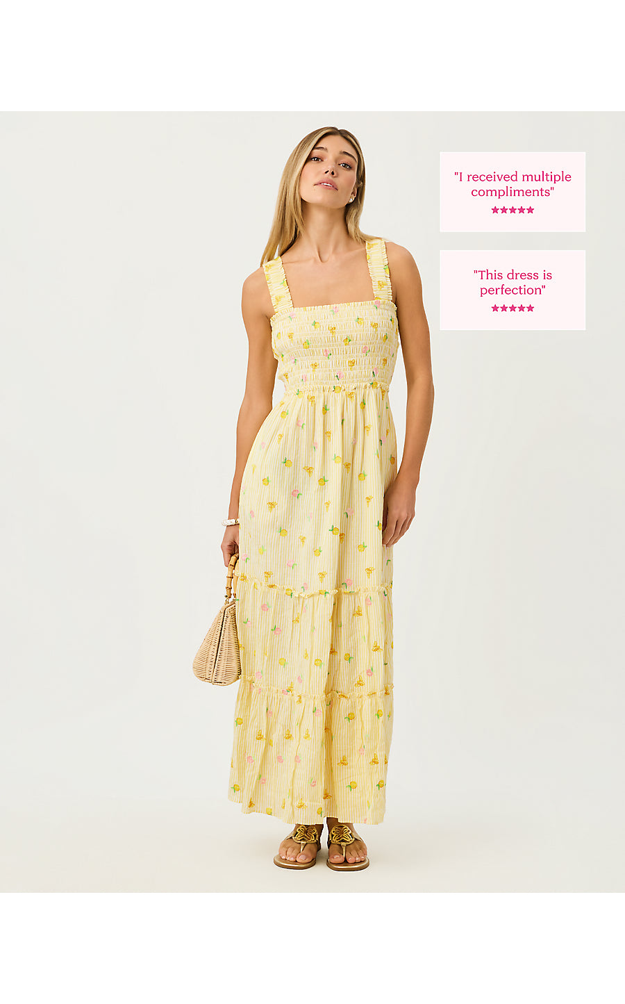 HADLY SMOCKED MAXI DRESS, ESTELLE YELLOW LTWT OXFORD STRIPE WITH LEMON BEE EMBROIDERY