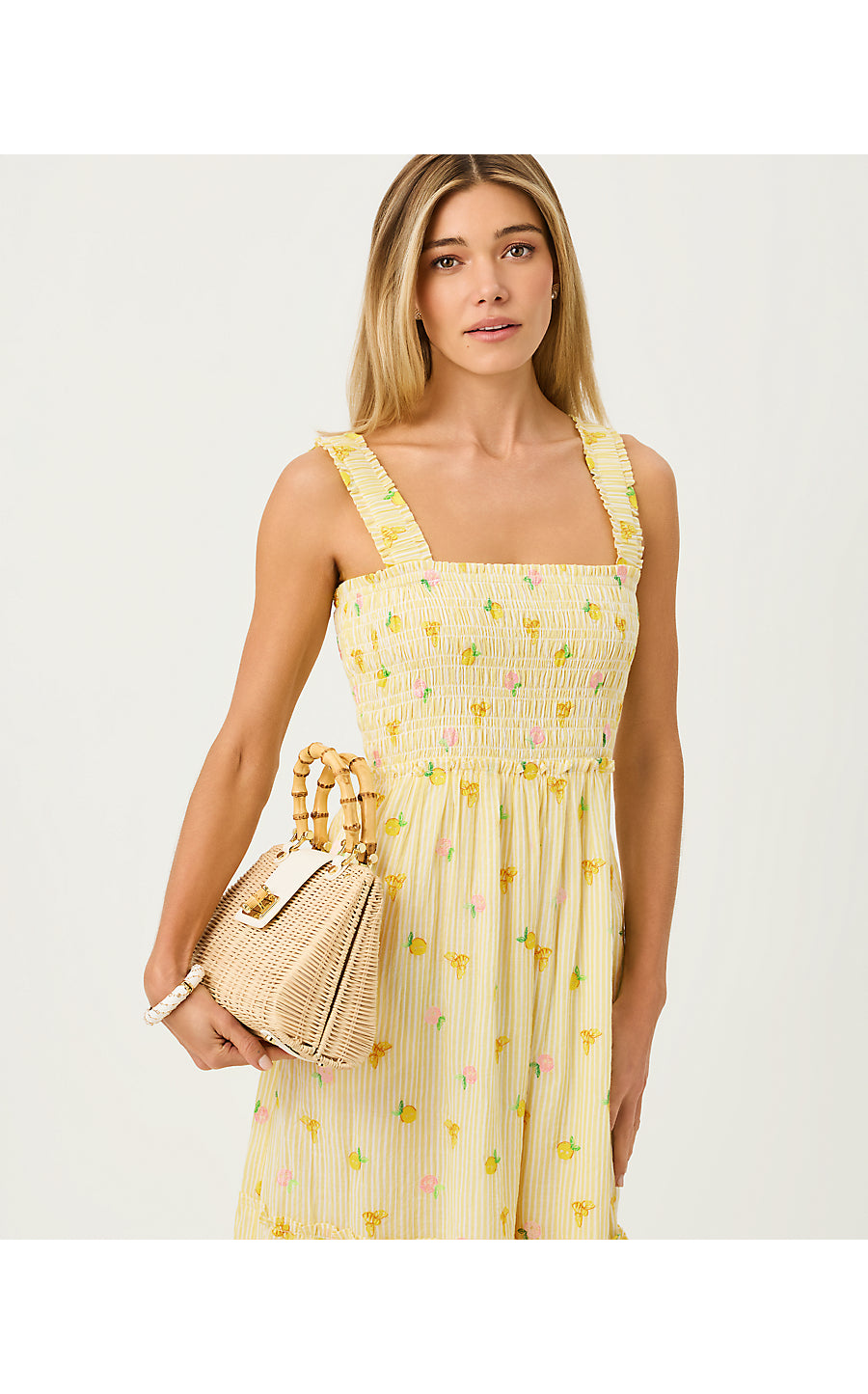 HADLY SMOCKED MAXI DRESS, ESTELLE YELLOW LTWT OXFORD STRIPE WITH LEMON BEE EMBROIDERY