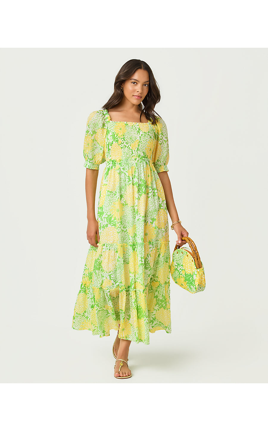 HADLY SHORT SLEEVE SMOCKED DRESS, CROCODILE GREEN MUMBO JUMBO