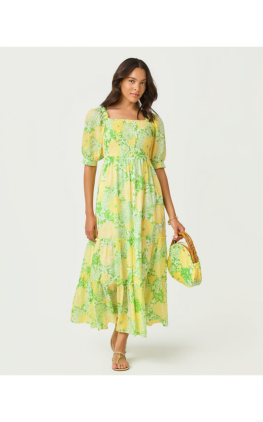 HADLY SHORT SLEEVE SMOCKED DRESS, CROCODILE GREEN MUMBO JUMBO
