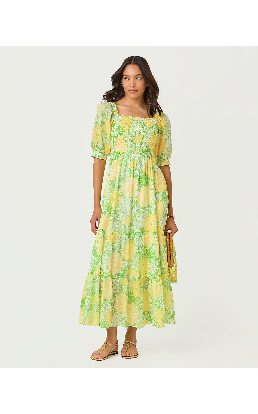 HADLY SHORT SLEEVE SMOCKED DRESS, CROCODILE GREEN MUMBO JUMBO