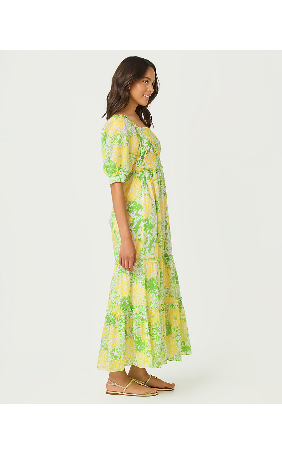 HADLY SHORT SLEEVE SMOCKED DRESS, CROCODILE GREEN MUMBO JUMBO