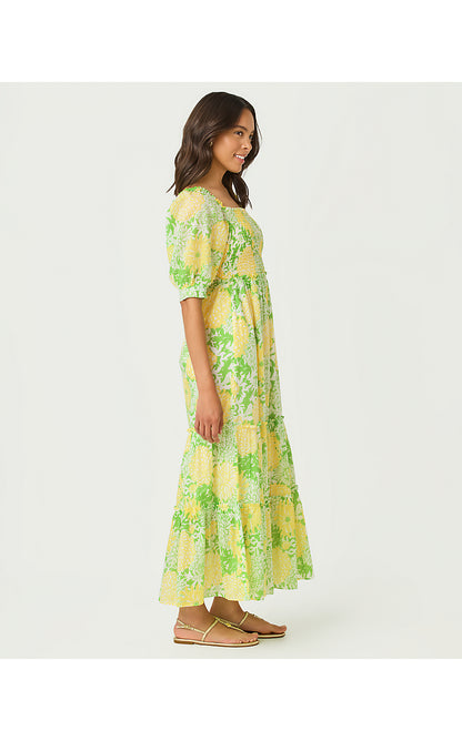 HADLY SHORT SLEEVE SMOCKED DRESS, CROCODILE GREEN MUMBO JUMBO