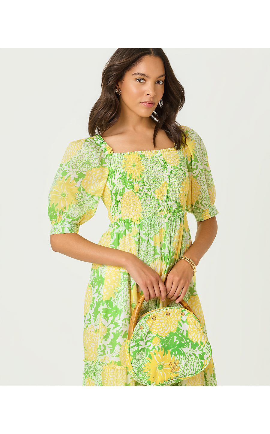 HADLY SHORT SLEEVE SMOCKED DRESS, CROCODILE GREEN MUMBO JUMBO