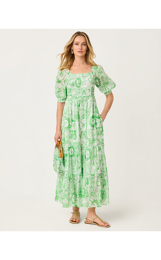 HADLY SHORT SLEEVE SMOCKED DRESS, PUTTING GREEN FLEUR DE LILLY
