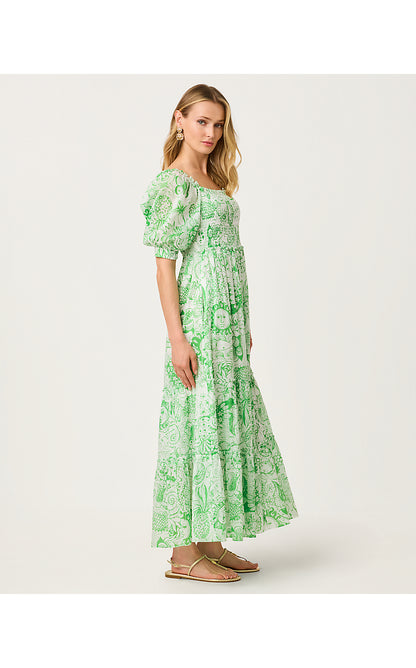 HADLY SHORT SLEEVE SMOCKED DRESS, PUTTING GREEN FLEUR DE LILLY