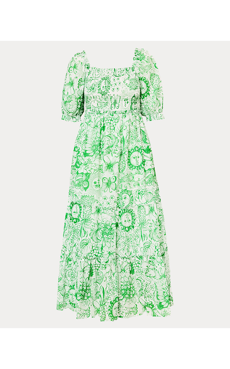 HADLY SHORT SLEEVE SMOCKED DRESS, PUTTING GREEN FLEUR DE LILLY