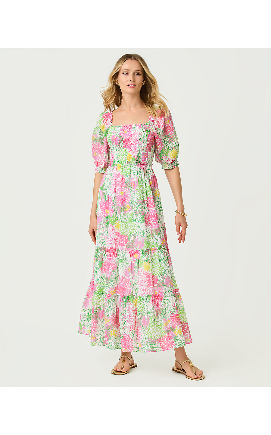 HADLY SHORT SLEEVE SMOCKED DRESS, RESORT WHITE MUM PATCH