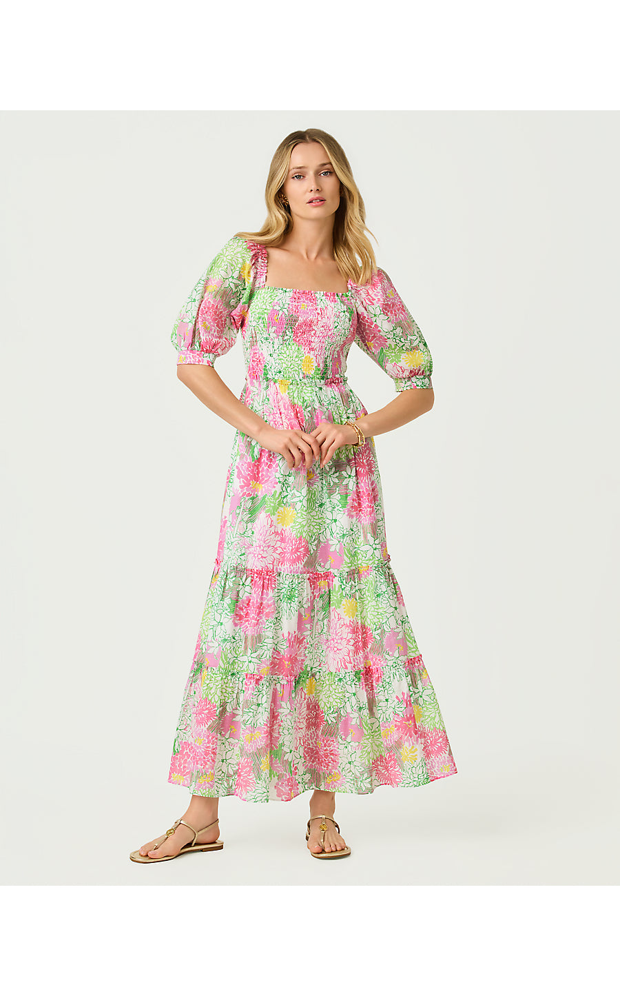 HADLY SHORT SLEEVE SMOCKED DRESS, RESORT WHITE MUM PATCH
