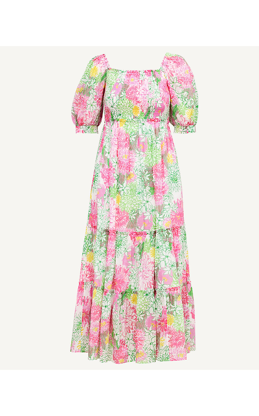 HADLY SHORT SLEEVE SMOCKED DRESS, RESORT WHITE MUM PATCH