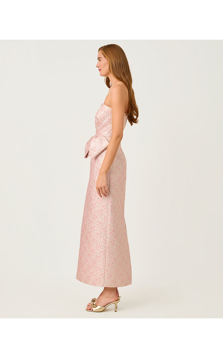 TIERNAN MAXI DRESS, CONCH SHELL PINK RITSY DITSY METALLIC BROCADE