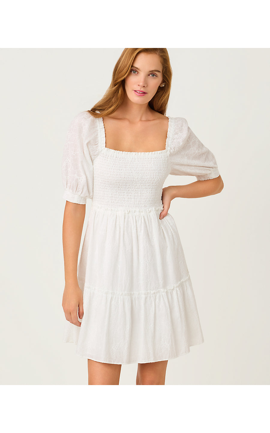 HADLY SHORT SLEEVE SMOCKED DRESS, RESORT WHITE SUNSHOWERS EMBROIDERY