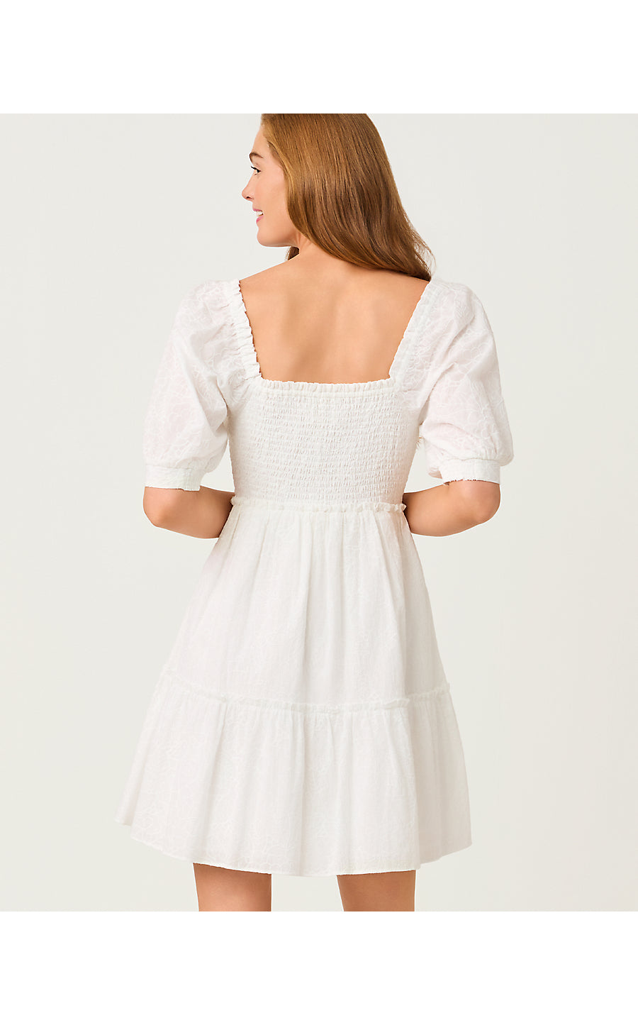 HADLY SHORT SLEEVE SMOCKED DRESS, RESORT WHITE SUNSHOWERS EMBROIDERY