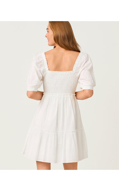 HADLY SHORT SLEEVE SMOCKED DRESS, RESORT WHITE SUNSHOWERS EMBROIDERY